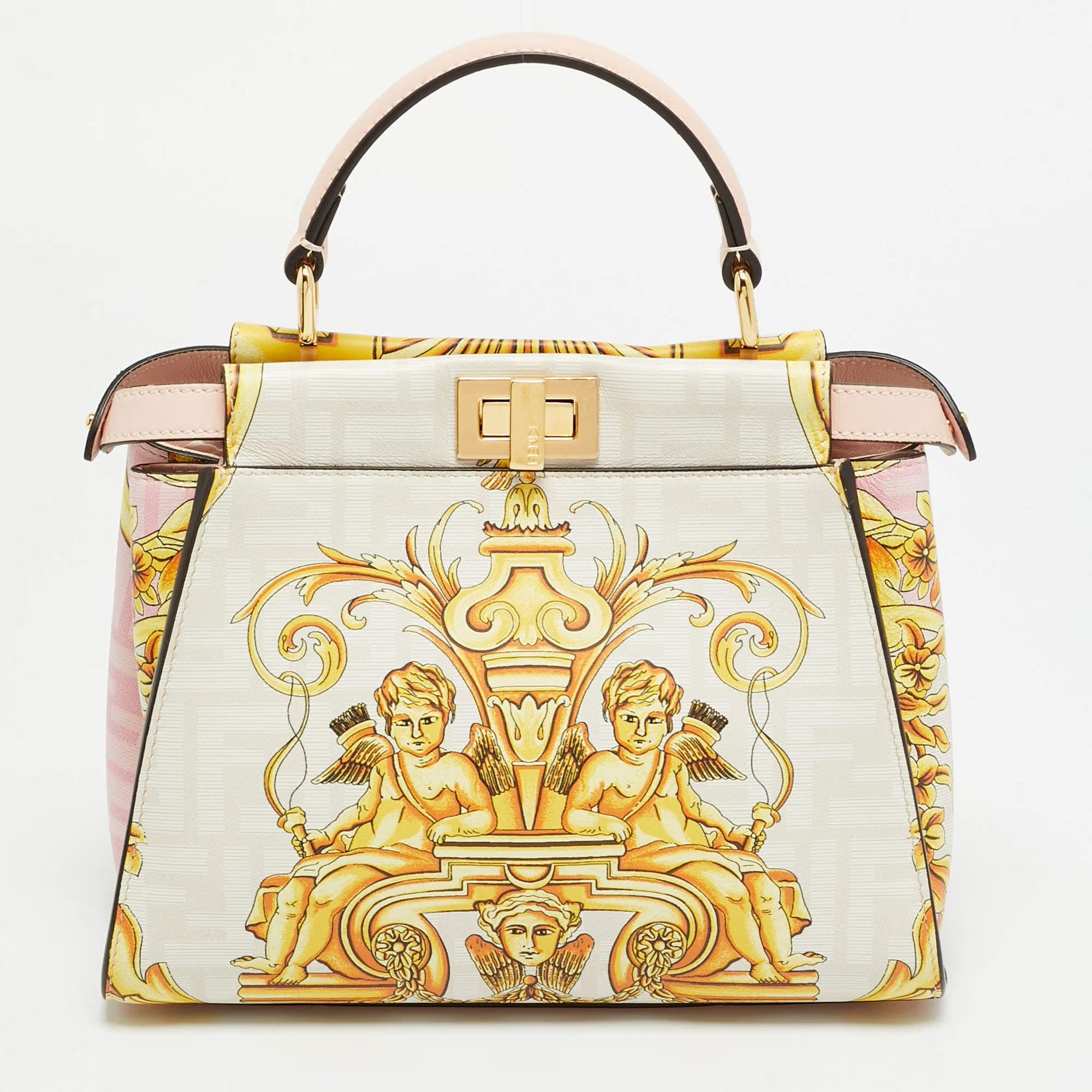 Fendi x Versace Fendace Peekaboo Mini Pink/Yellow Zucca Baroque Print Leather Top Handle Bag