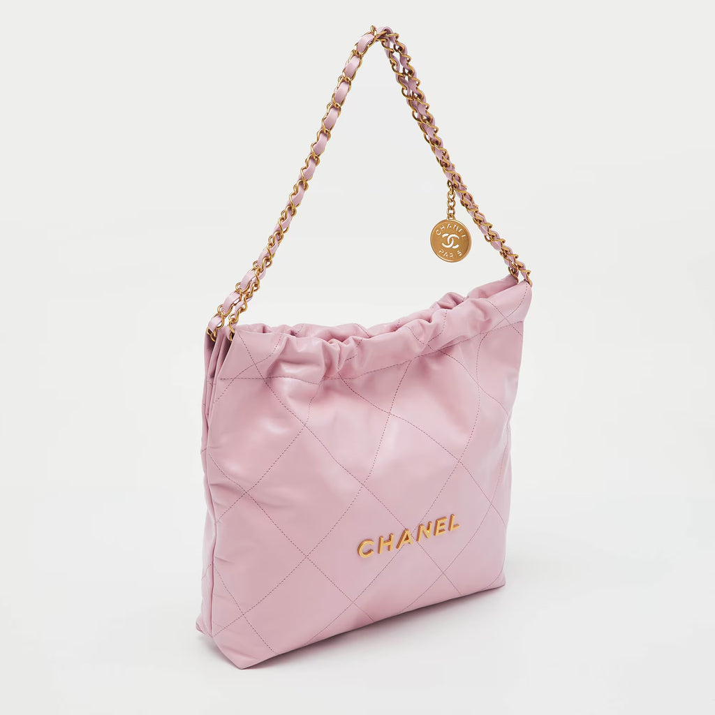 Chanel Light Pink Quilted Shiny Leather Small 22 Bag