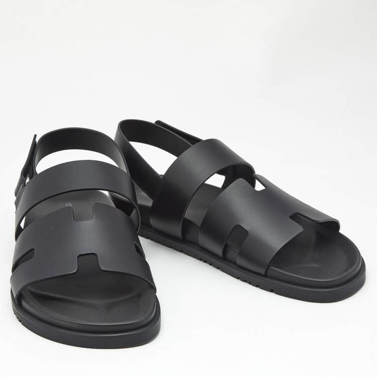 Hermes Black Leather Genius Flat Sandals Size 46