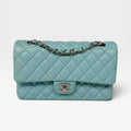 CHANEL MEDIUM DOUBLE CLASSIC FLAP LIGHT BLUE LAMBSKIN SILVER HARDWARE