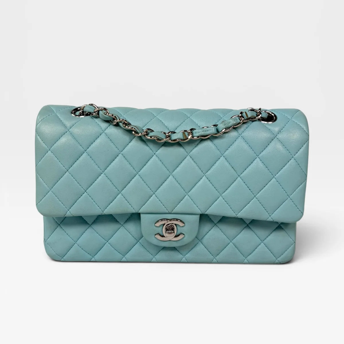 CHANEL MEDIUM DOUBLE CLASSIC FLAP LIGHT BLUE LAMBSKIN SILVER HARDWARE