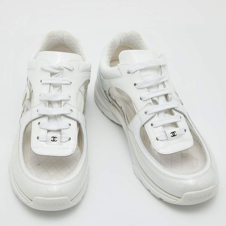 Chanel White PVC and Patent Leather CC Low Top Sneakers Size 39.5