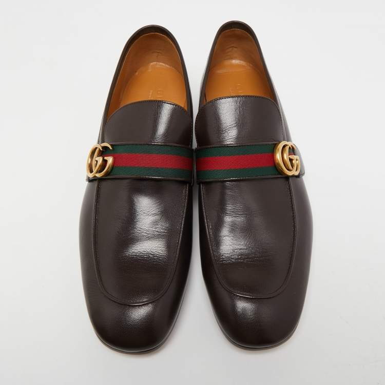 Gucci Brown Leather GG Marmont Web Loafers Size 46