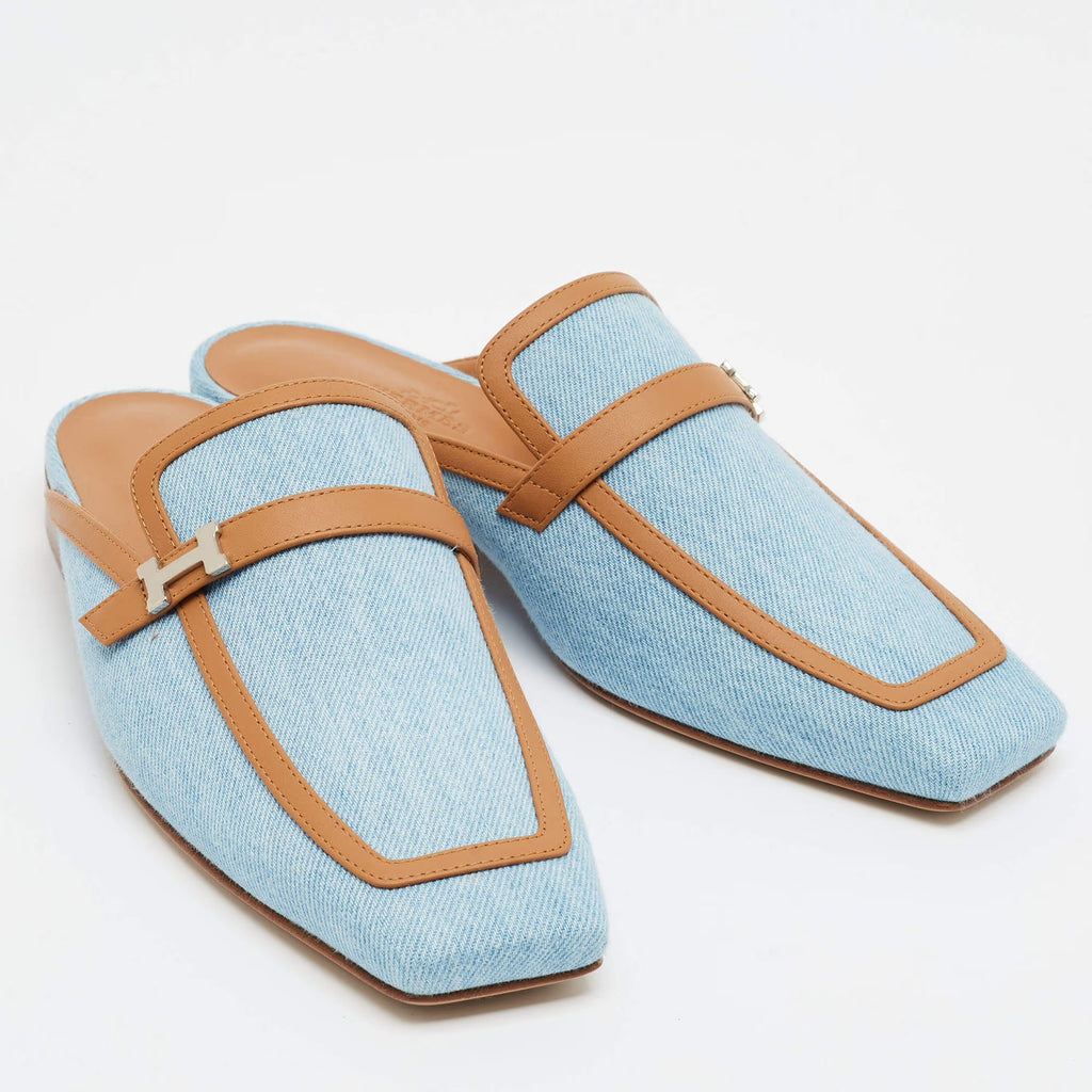 Hermes Groupie Size 37 Blue/Brown Denim and Leather Flat Mules