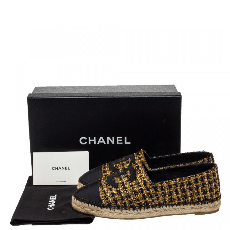 Chanel Black/Gold Tweed And Fabric CC Flat Espadrilles Size 39