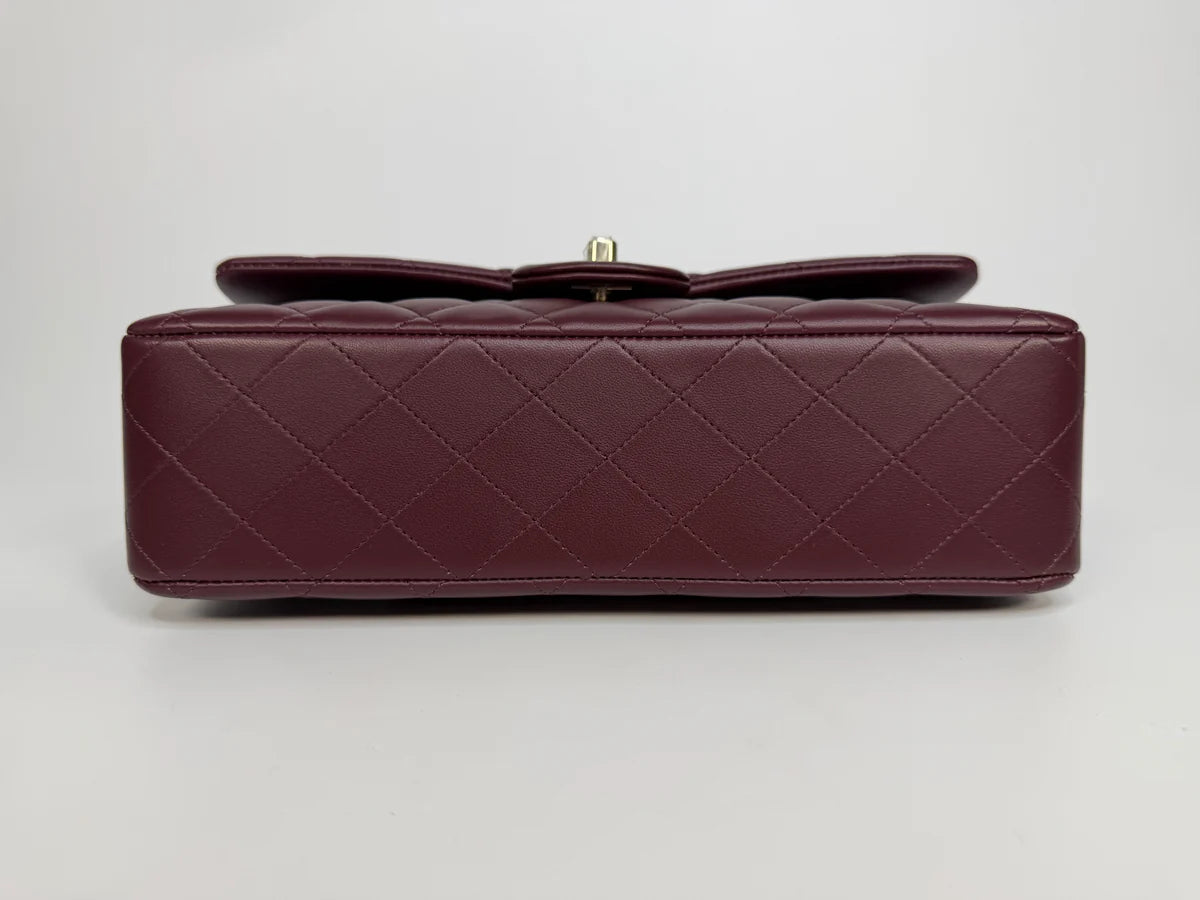 CHANEL MEDIUM CLASSIC DOUBLE FLAP BURGUNDY LAMBSKIN LEATHER WITH PALE GOLD HARDWARE