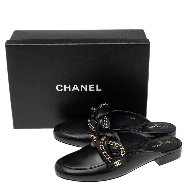 Chanel Black Leather Braided Chain Mules Size 41