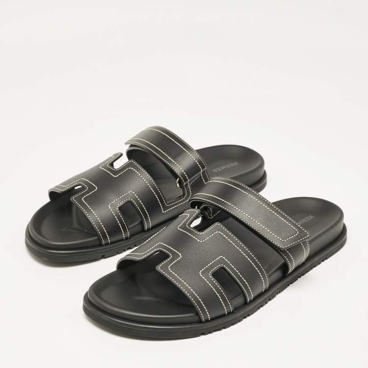 Hermes Black Leather Chypre Sandals Size 46