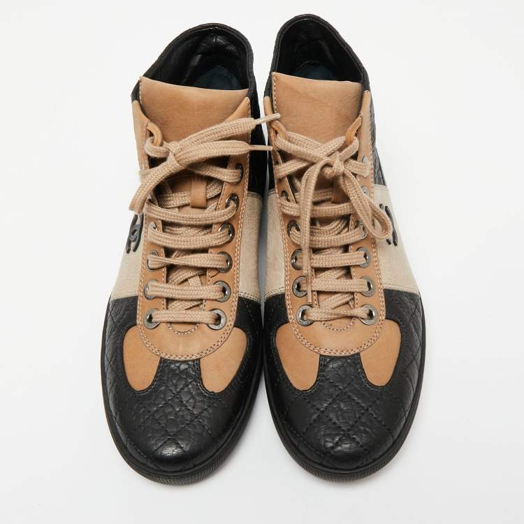 Chanel Black/Beige Leather And Nubuck CC High Top Sneakers Size 40