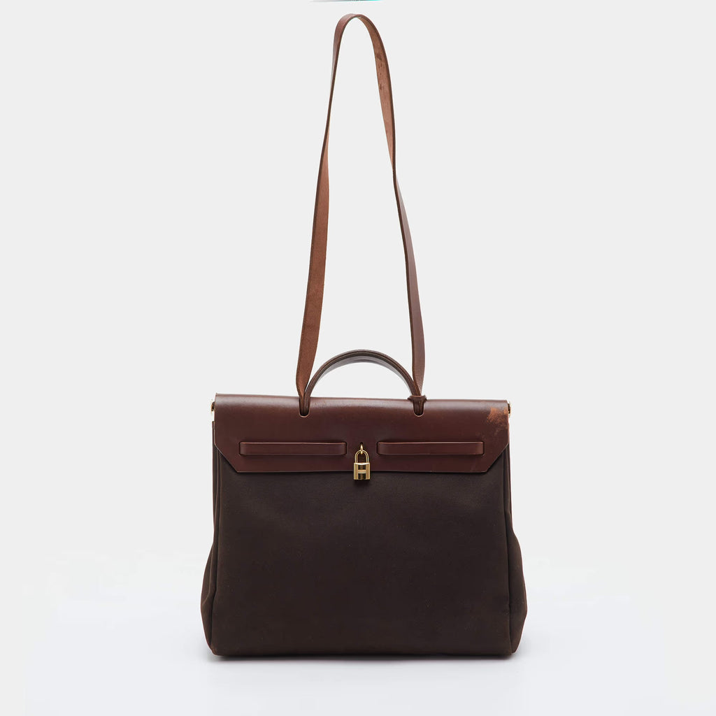 Hermes Herbag 39 Chocolate/Terre Toile and Vache Leather Top Handle Bag