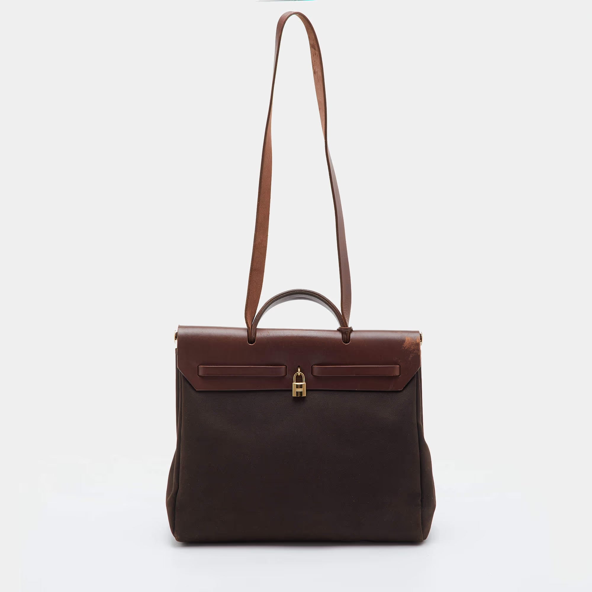 Hermes Herbag 39 Chocolate/Terre Toile and Vache Leather Top Handle Bag