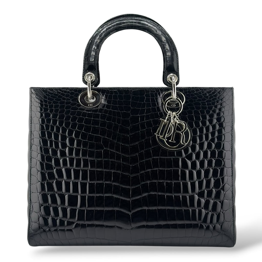 Christian Dior Black Shiny Niloticus Crocodile Large Lady Dior Bag