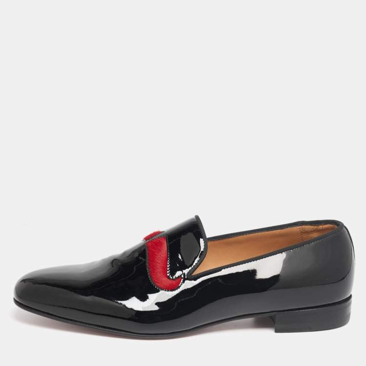 Christian Louboutin Black/Red Patent Leather and Calf Hair Mustache Smoking Slippers Size 43