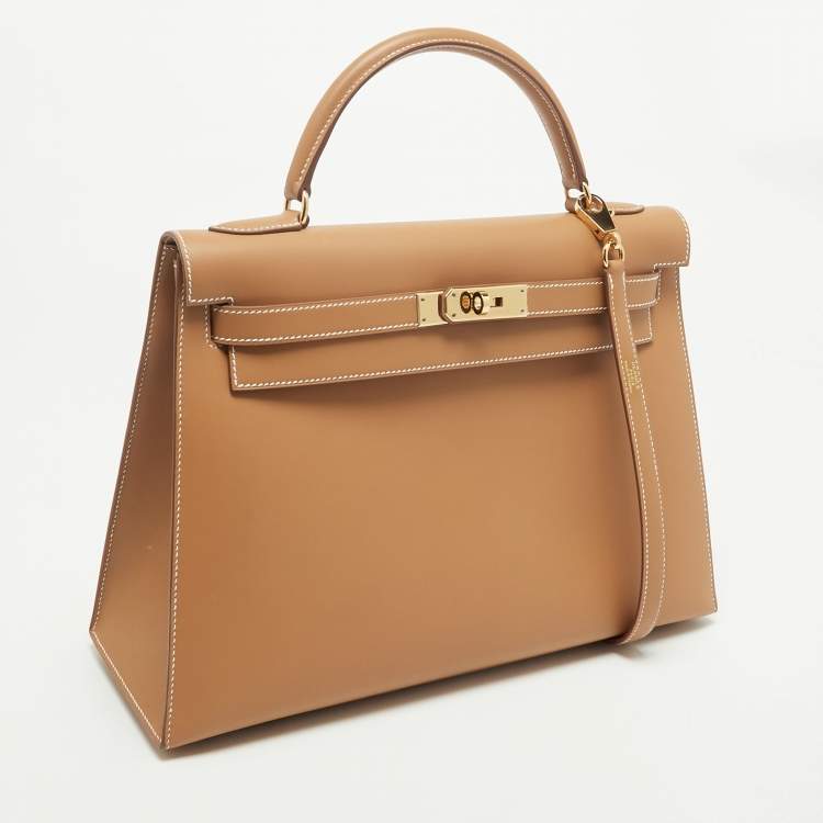 Hermes Kelly Sellier 32 Gold Finish Natural Sable Veau Butler Leather Top Handle Bag