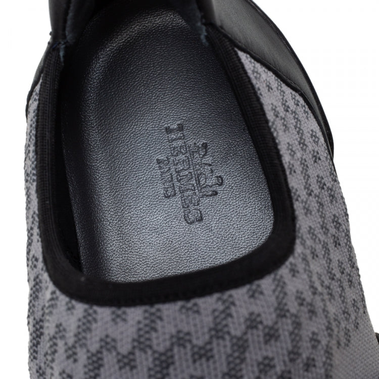 Hermes Grey/Black Knit Fabric And Leather Buckle Run Sneakers Size 43.5