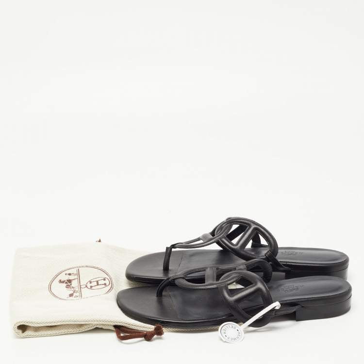 Hermes Black Leather Beach Flat Slides Size 37