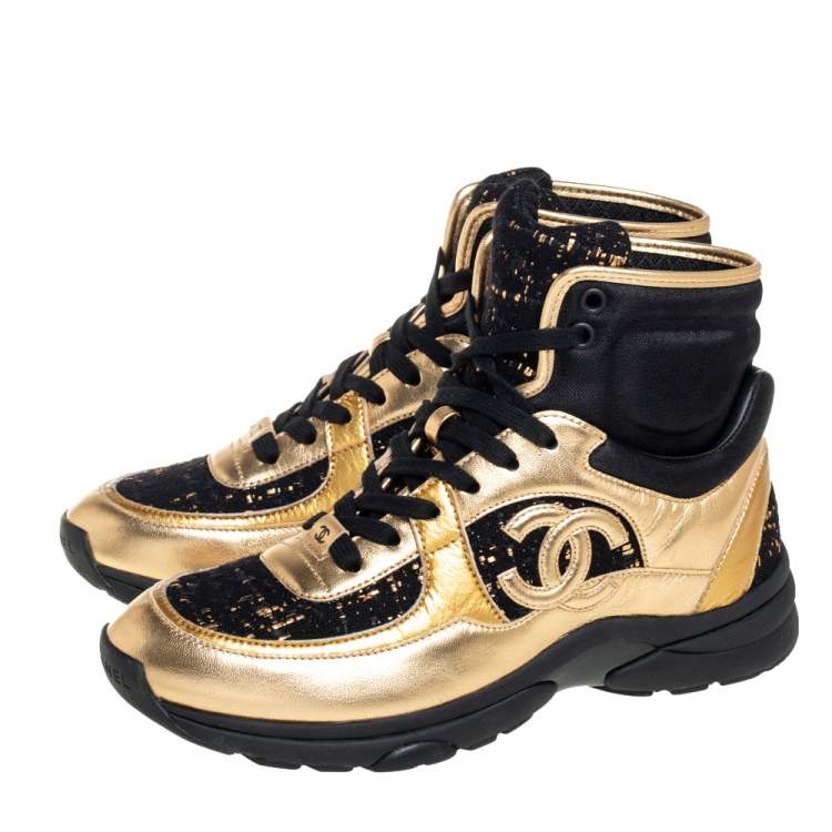 Chanel Black/Gold Tweed and Patent Leather CC High Top Sneakers Size 38