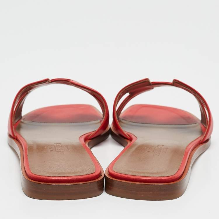 Hermes Red Leather Oran Slide Sandals Size 36.5