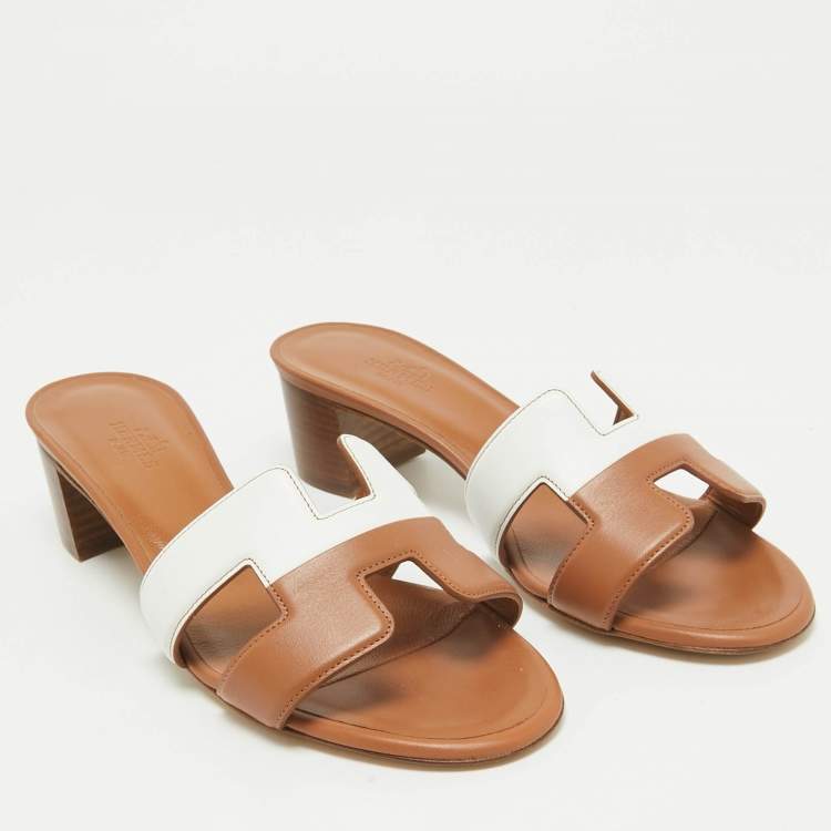 Hermes Brown/White Leather Oasis Slide Sandals Size 36.5