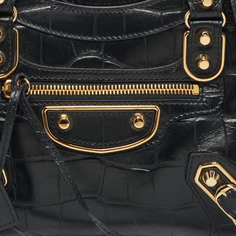 Balenciaga Metallic Edge City Mini Black Croc Embossed Leather Tote