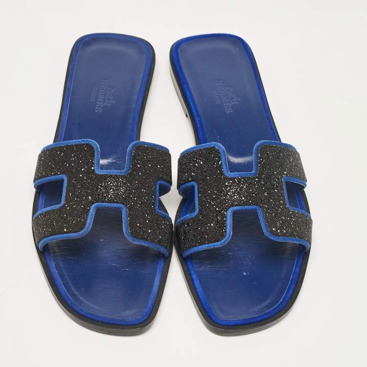 Hermes Blue/Black Suede Crystal Embellished Oran Flat Slides Size 36.5