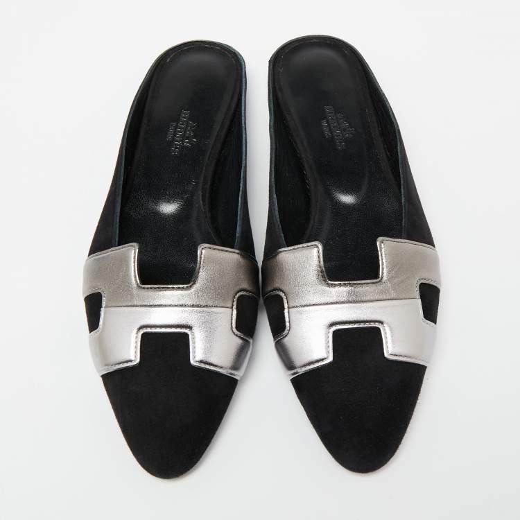Hermes Black/Metallic Grey Suede and Leather Roxane Flat Mules Size 37