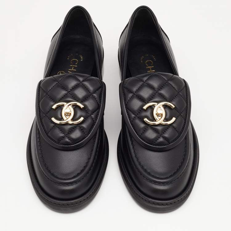 Chanel Black Quilted Leather CC Turnlock Loafers Size 37