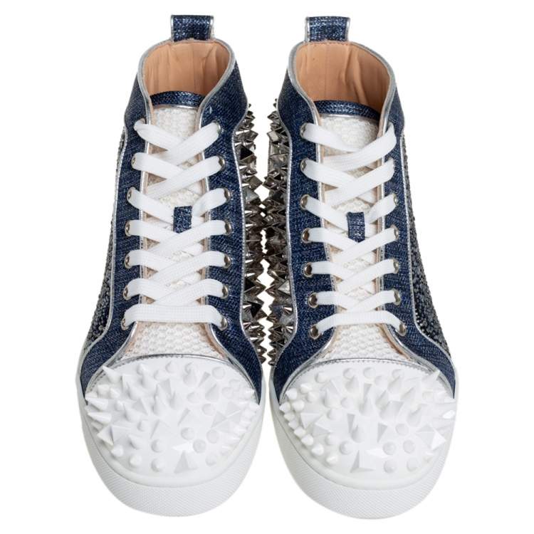 Christian Louboutin Denim Blue Silver White Lou Degra Spikes Studded High Top Sneakers Size 40