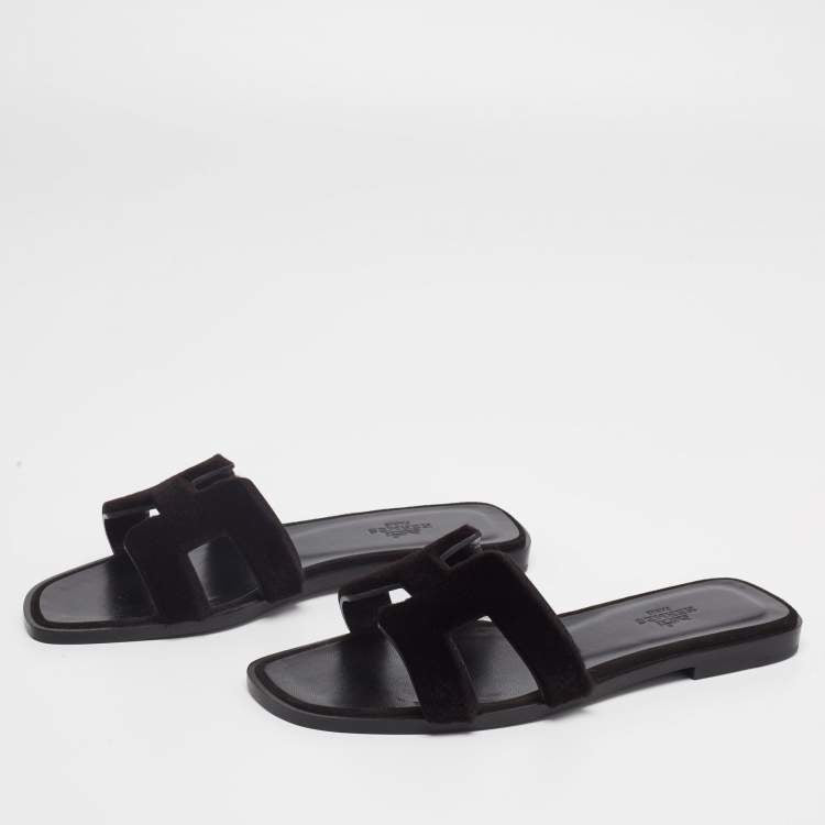 Hermes Black Fur Oran Sandals Size 36