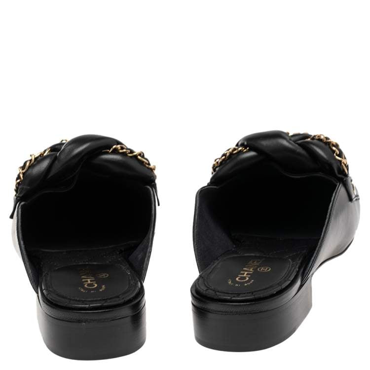 Chanel Black Leather Braided Chain Mules Size 41