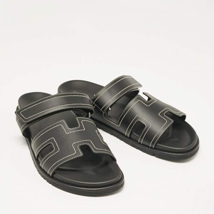 Hermes Black Leather Chypre Sandals Size 46