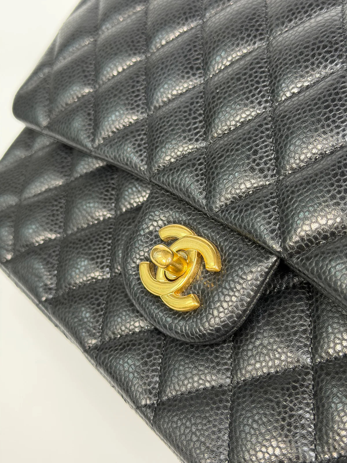CHANEL MEDIUM CLASSIC DOUBLE FLAP BLACK CAVIAR LEATHER WITH GOLD HARDWARE