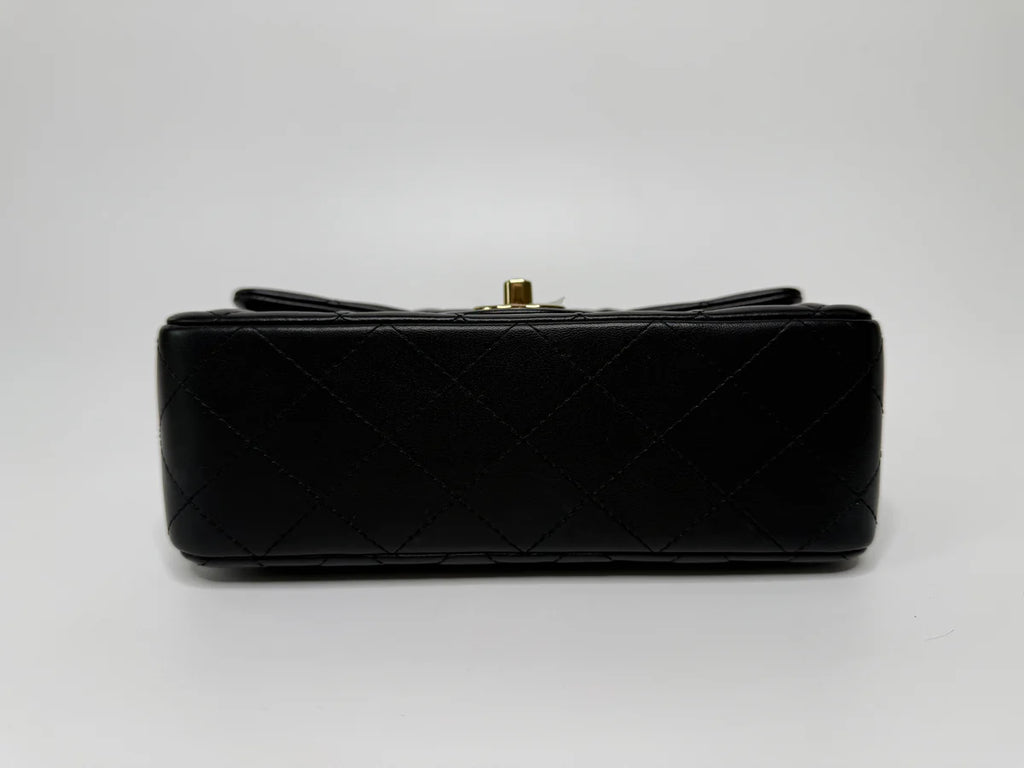 CHANEL MINI RECTANGLE TOP HANDLE FLAP BAG IN BLACK LAMBSKIN WITH PALE GOLD HARDWARE