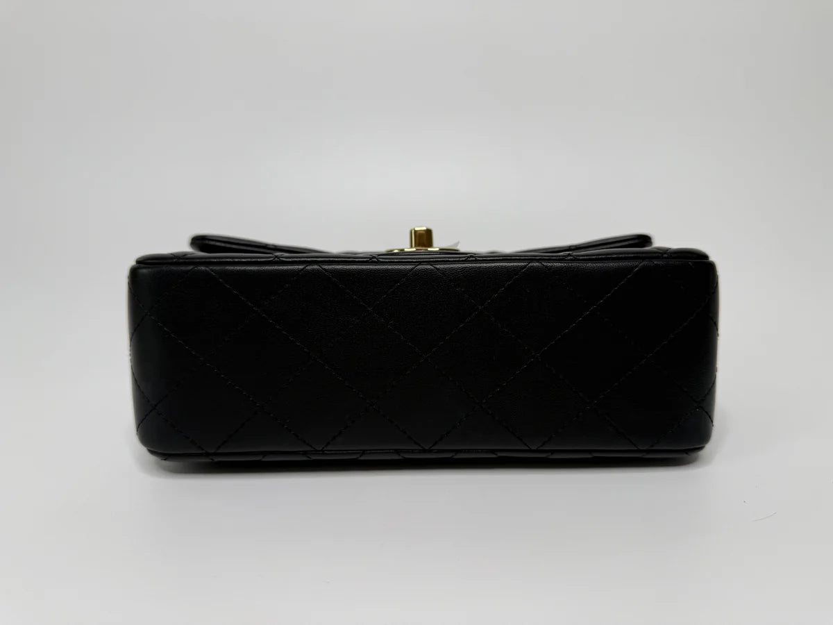 CHANEL MINI RECTANGLE TOP HANDLE FLAP BAG IN BLACK LAMBSKIN WITH PALE GOLD HARDWARE