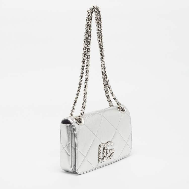 Dolce & Gabbana DG Logo Chain Silver Quilted Leather Shoulder Bag
