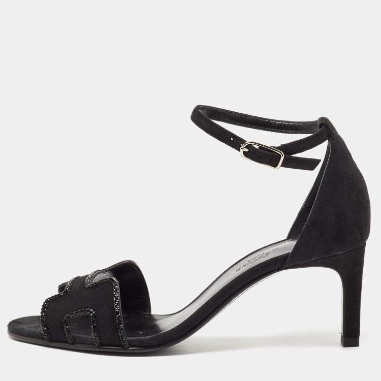 Hermes Black Suede Crystal Embellished Premiere Sandals Size 36.5