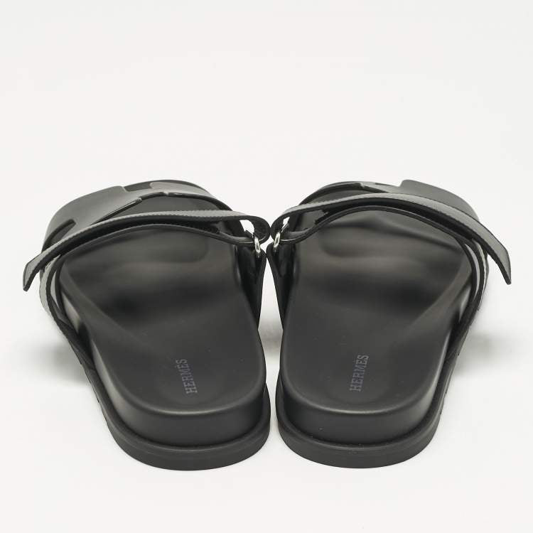 Hermès Black Leather Chypre Sandals Size 43