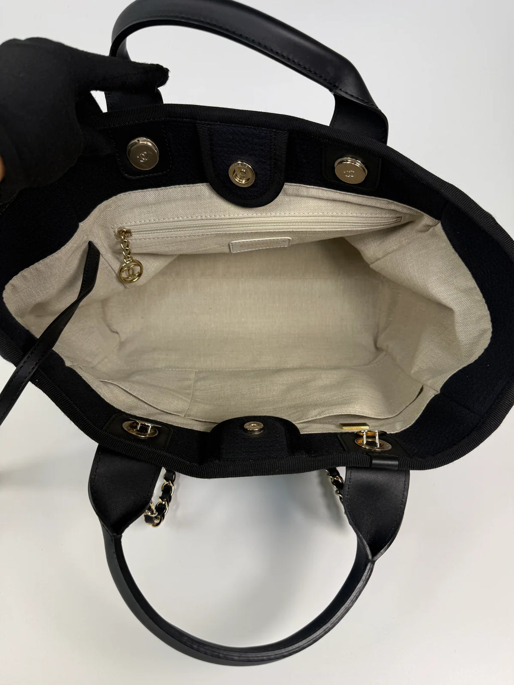 CHANEL SMALL DEAUVILLE TOTE BAG IN BLACK WITH PALE GOLD HARDWARE