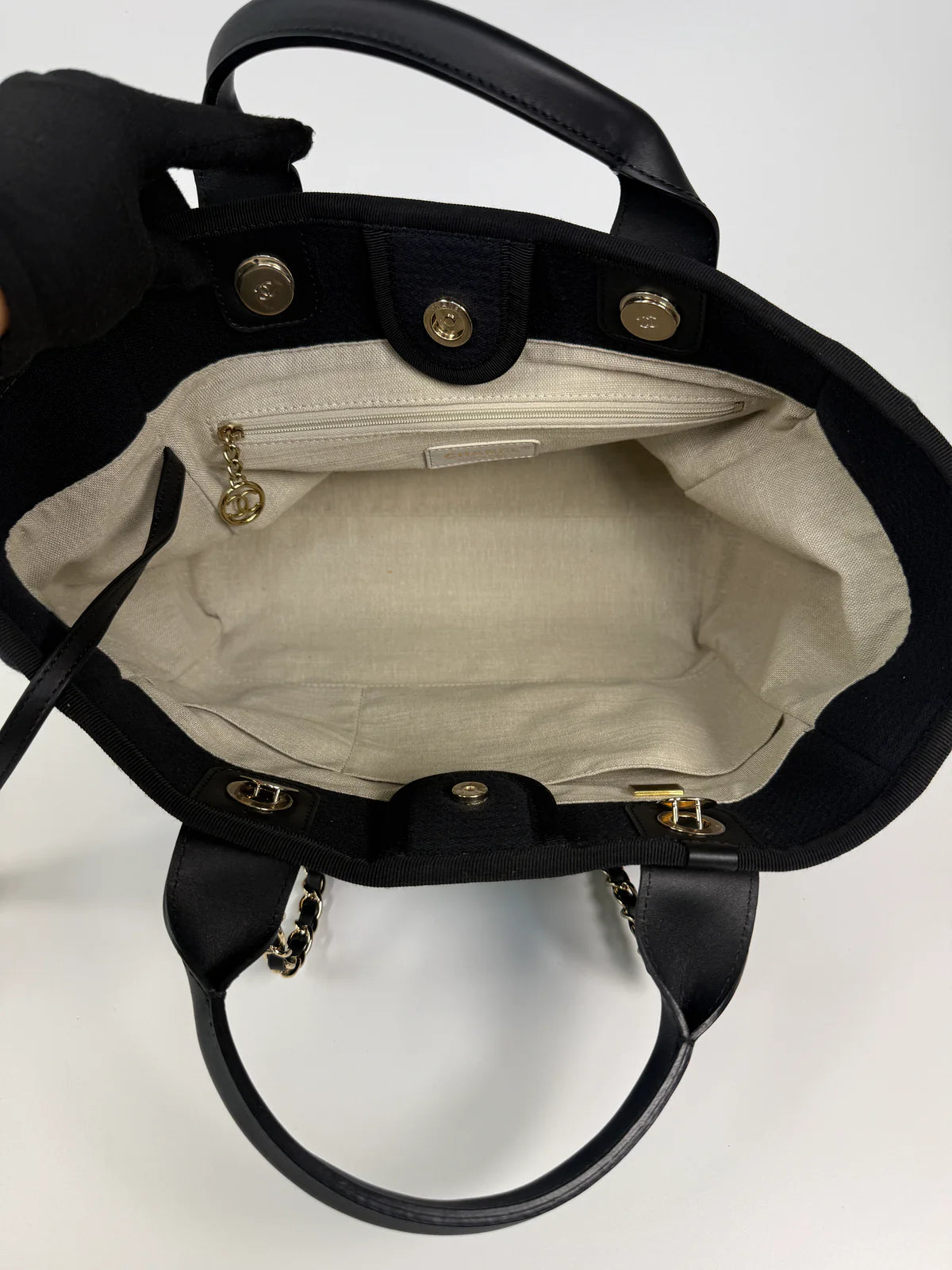 CHANEL SMALL DEAUVILLE TOTE BAG IN BLACK WITH PALE GOLD HARDWARE