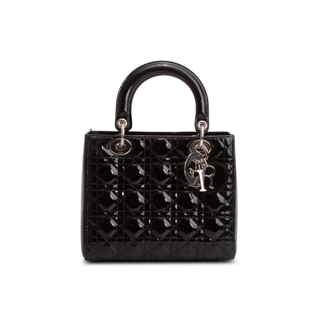 Christian Dior Black Cannage Patent Leather Medium Lady Dior Bag