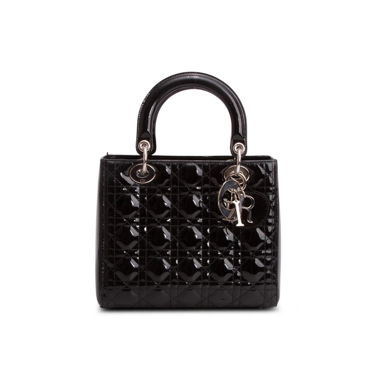 Christian Dior Black Cannage Patent Leather Medium Lady Dior Bag
