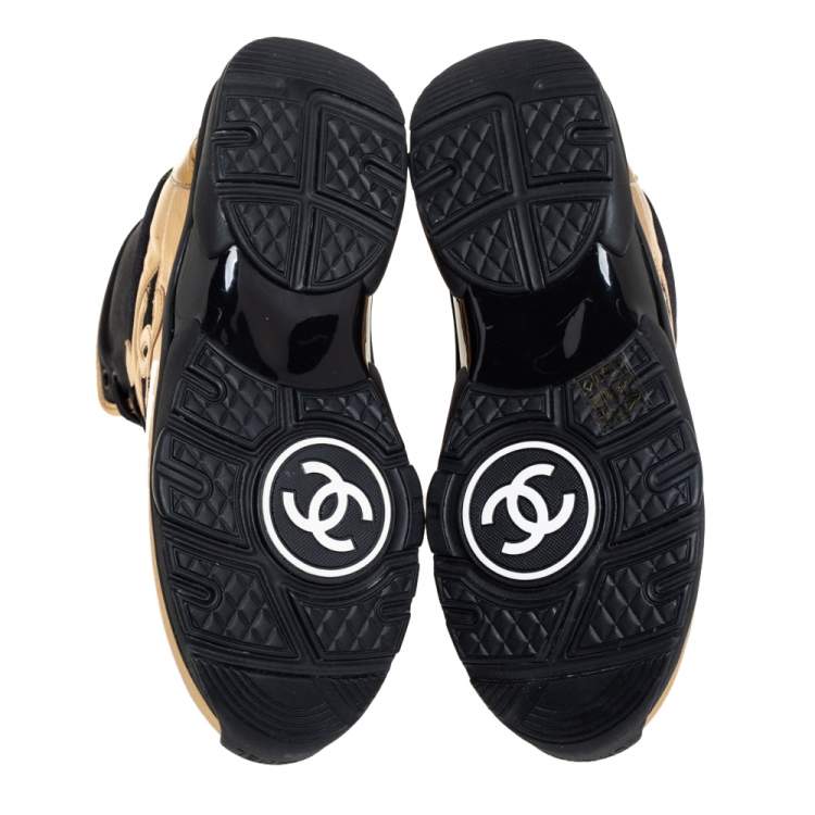 Chanel Black/Gold Tweed and Patent Leather CC High Top Sneakers Size 38