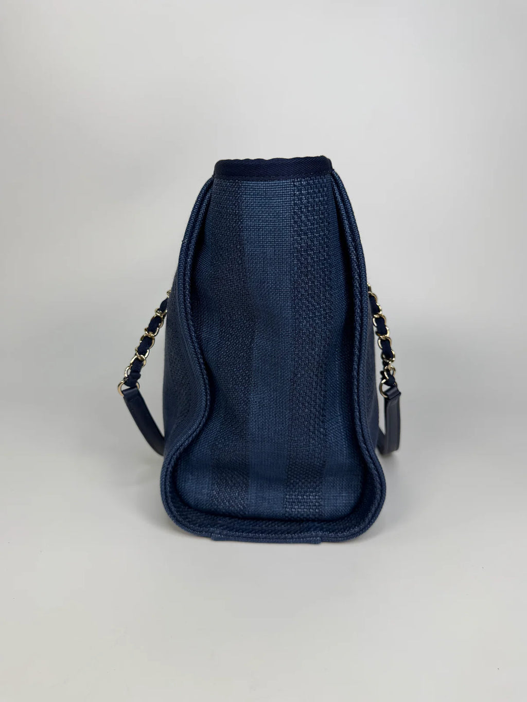 CHANEL SMALL DEAUVILLE TOTE BAG IN DARK BLUE WITH PALE GOLD HARDWARE