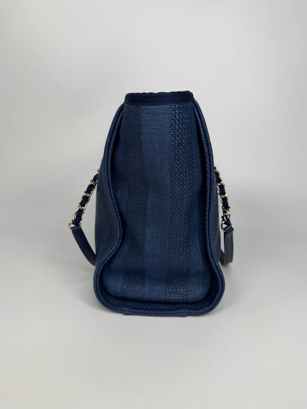 CHANEL SMALL DEAUVILLE TOTE BAG IN DARK BLUE WITH PALE GOLD HARDWARE