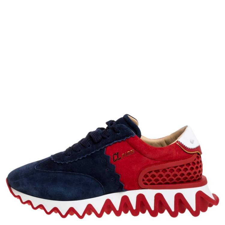 Christian Louboutin Blue/Red Suede And Leather Loubishark Low Top Sneakers Size 41