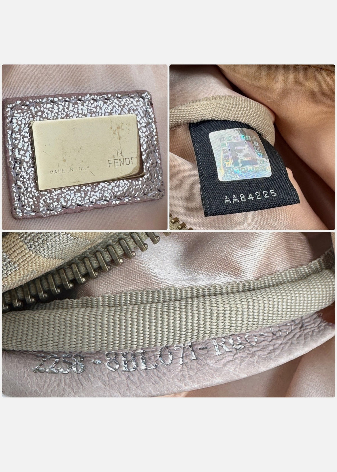FENDI Mini Boston Bag Zucchino Canvas Leather Pink Beige Silver Purse