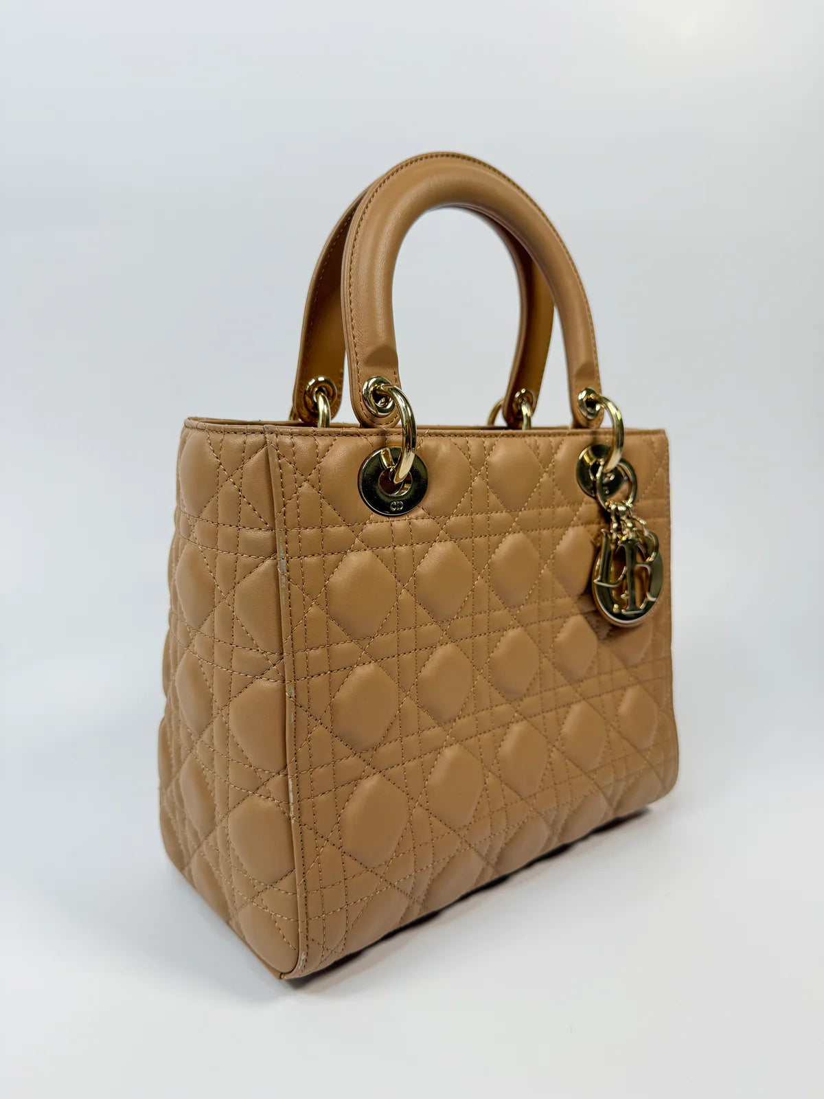 CHRISTIAN DIOR MEDIUM LADY DIOR BAG IN SAND WITH GOLD HARDWARE