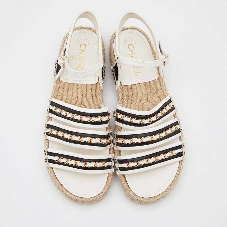 Chanel White/Black Leather Chain Embellished Ankle Strap Espadrille Flats Size 40
