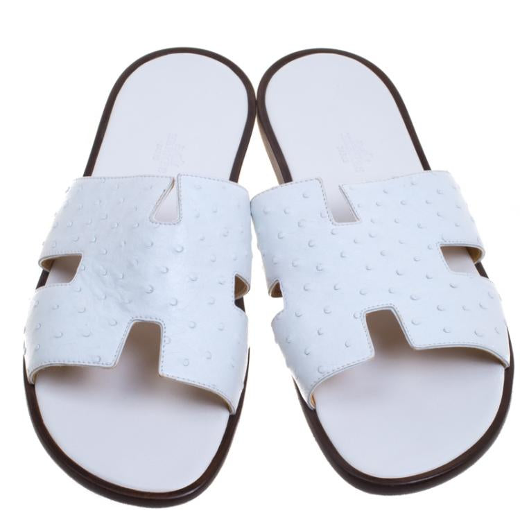Hermes White Ostrich Izmir Sandals Size 44