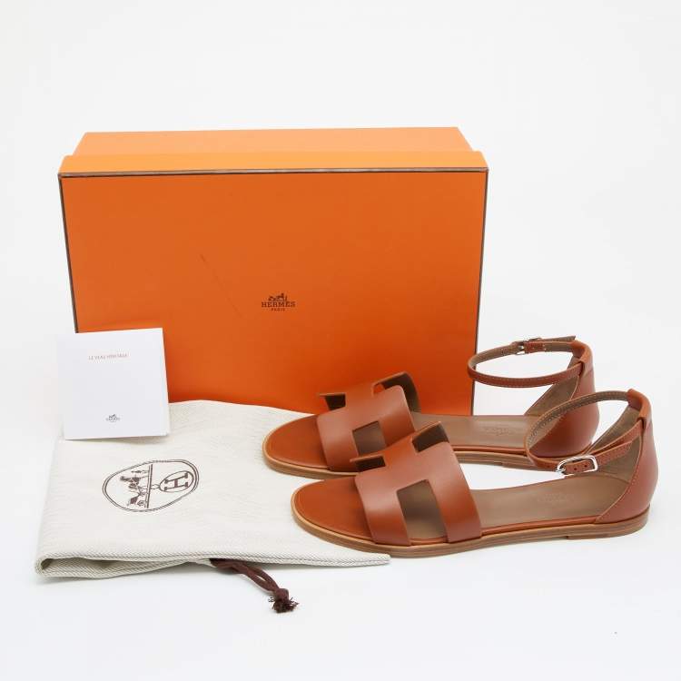 Hermes Brown Leather Santorini Ankle Strap Sandals Size 37